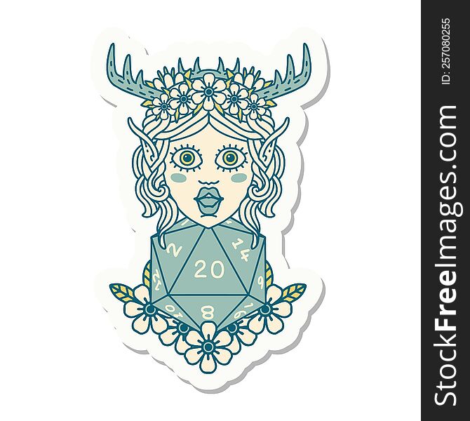 Elf Druid Character With Nautral Twenty Dice Roll Sticker
