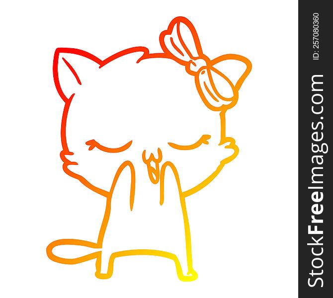 warm gradient line drawing of a cartoon cat with bow on head