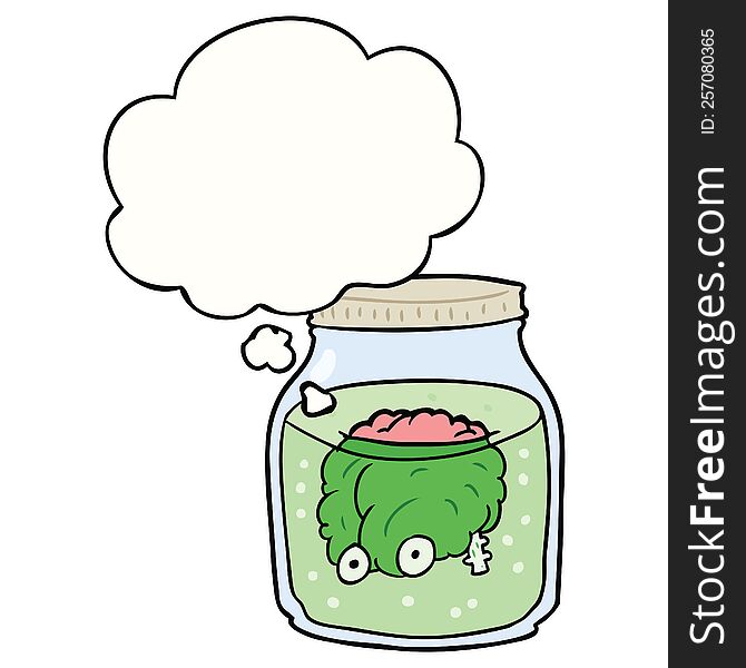 cartoon spooky brain in jar with thought bubble