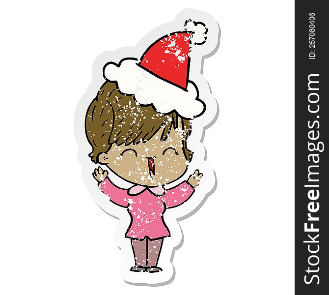 hand drawn distressed sticker cartoon of a laughing woman wearing santa hat