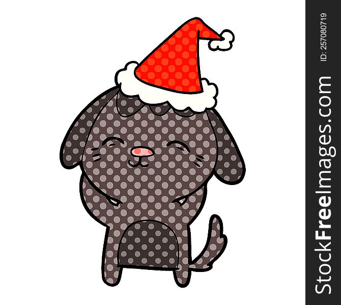Happy Comic Book Style Illustration Of A Dog Wearing Santa Hat