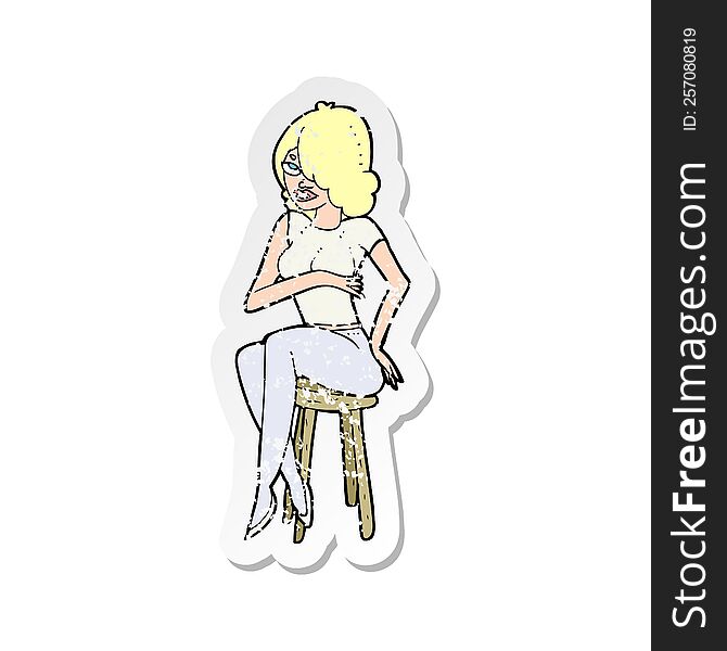 retro distressed sticker of a cartoon woman sitting on bar stool