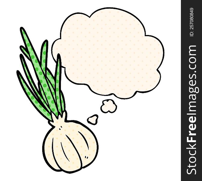 cartoon garlic with thought bubble in comic book style