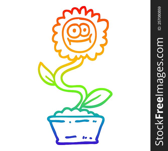 rainbow gradient line drawing of a cartoon flower in pot