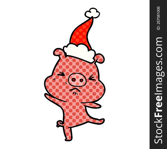 Comic Book Style Illustration Of A Furious Pig Wearing Santa Hat