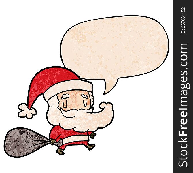 Cartoon Santa Claus Carrying Sack Of Presents And Speech Bubble In Retro Texture Style