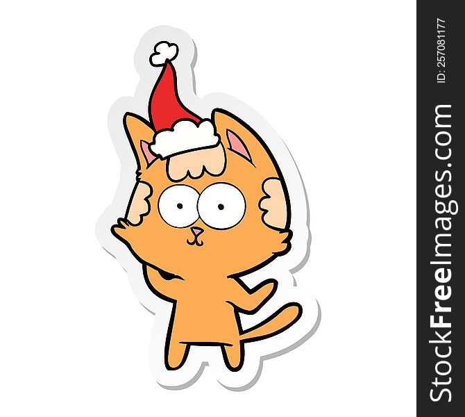 Happy Sticker Cartoon Of A Cat Wearing Santa Hat