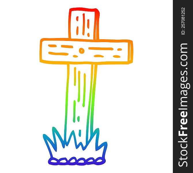 rainbow gradient line drawing of a cartoon wooden cross