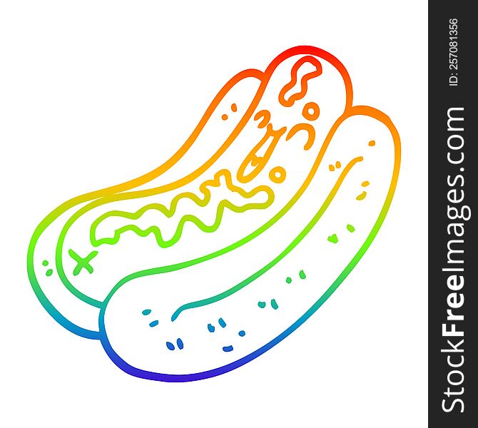 rainbow gradient line drawing of a cartoon hotdog with mustard