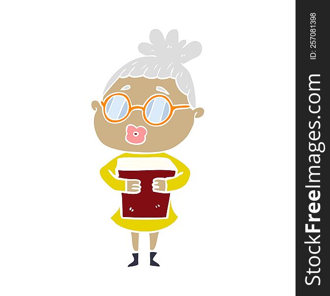 flat color style cartoon woman with book wearing spectacles