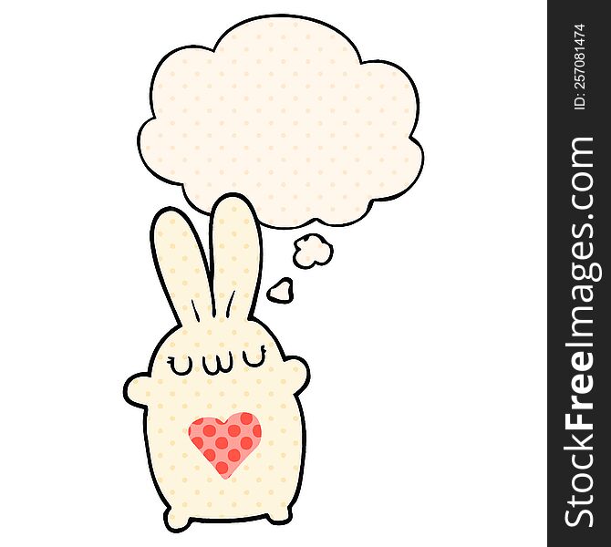 cute cartoon rabbit with love heart with thought bubble in comic book style