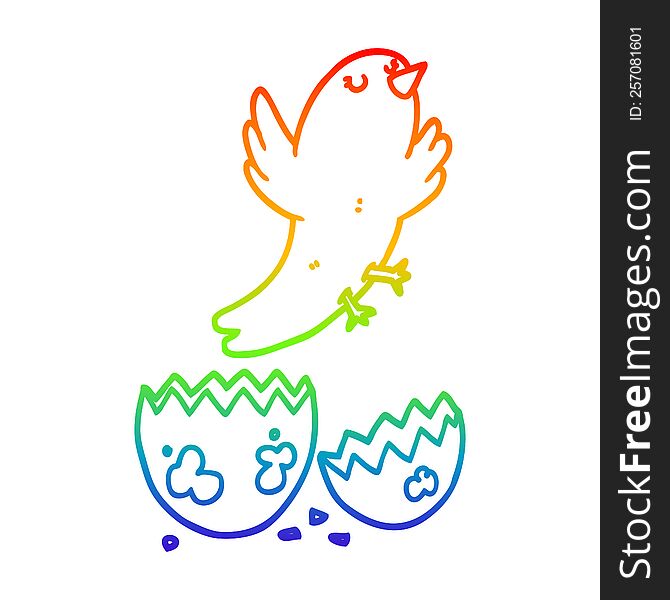 rainbow gradient line drawing of a cartoon bird hatching from egg