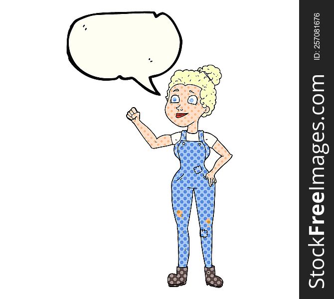 freehand drawn comic book speech bubble cartoon woman in dungarees