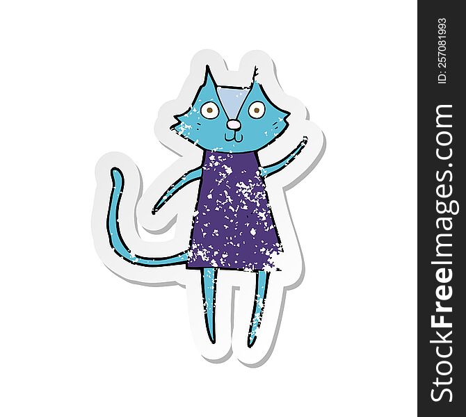 Retro Distressed Sticker Of A Cute Cartoon Black Cat Waving
