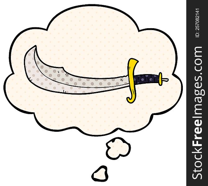 cartoon scimitar with thought bubble in comic book style