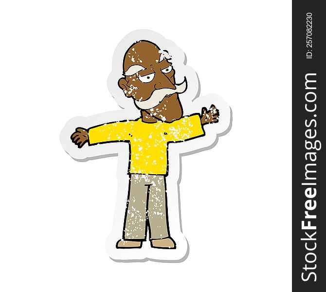 retro distressed sticker of a cartoon old man spreading arms wide