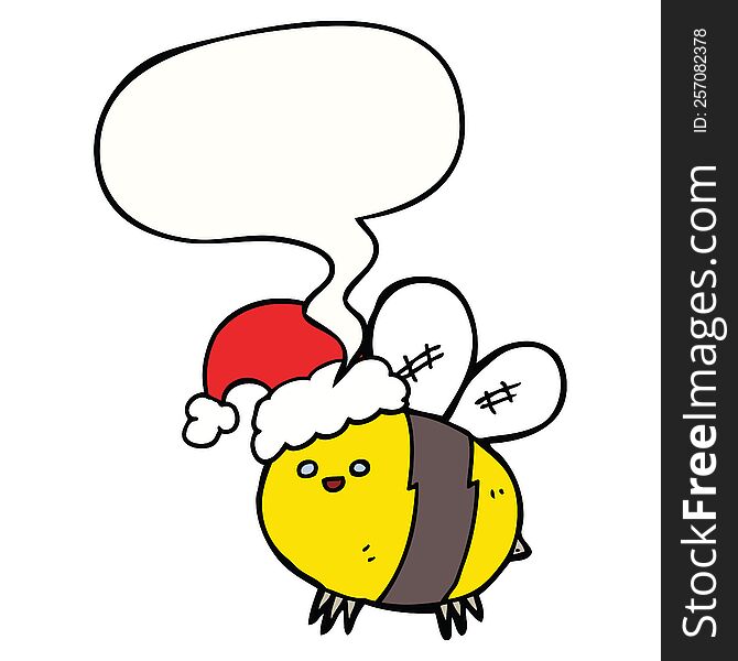 Cute Cartoon Bee Wearing Christmas Hat And Speech Bubble