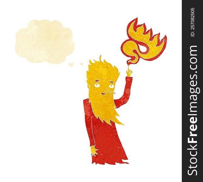 cartoon fire spirit with thought bubble