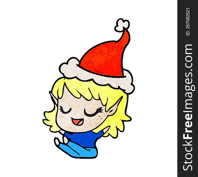 happy hand drawn textured cartoon of a elf girl sitting wearing santa hat. happy hand drawn textured cartoon of a elf girl sitting wearing santa hat
