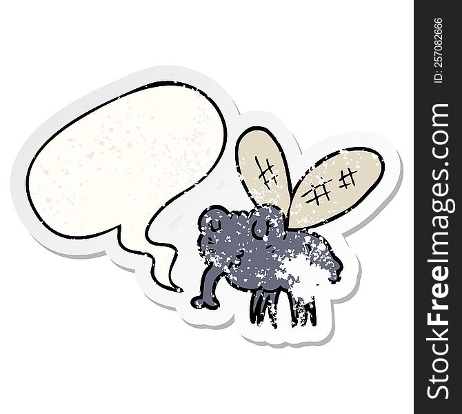 cartoon fly with speech bubble distressed distressed old sticker. cartoon fly with speech bubble distressed distressed old sticker