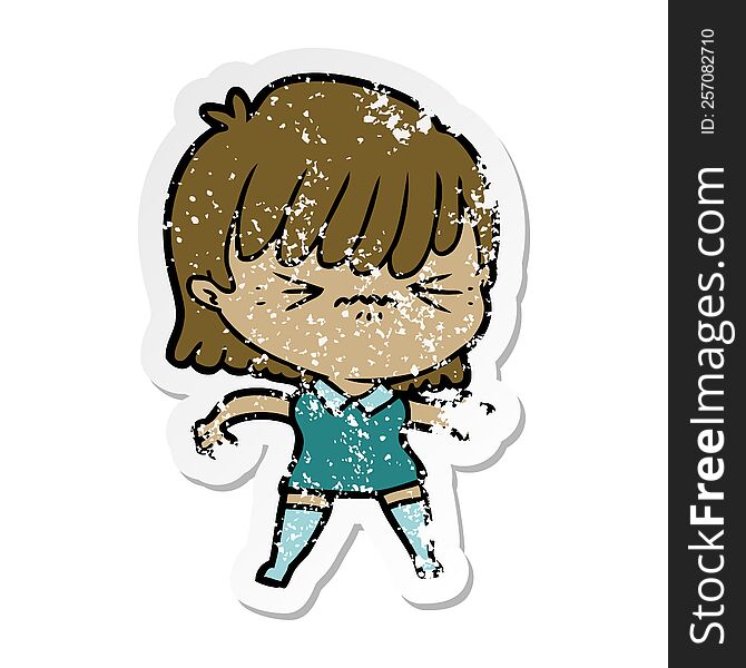 Distressed Sticker Of A Annoyed Cartoon Girl
