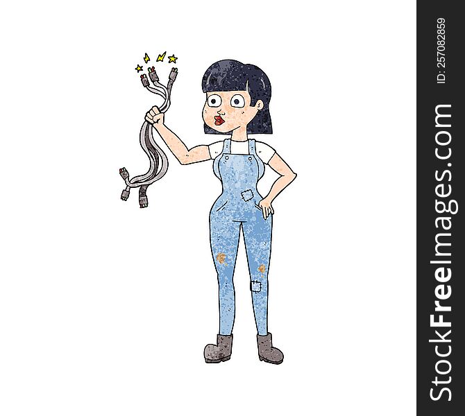 freehand textured cartoon female electrician