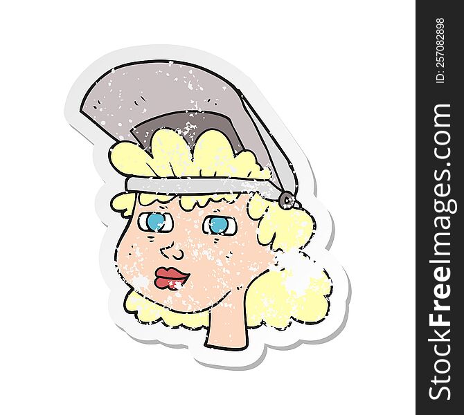 retro distressed sticker of a cartoon woman with welding mask