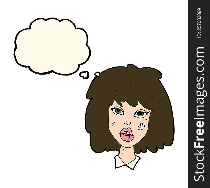 Cartoon Woman With Bruised Face With Thought Bubble