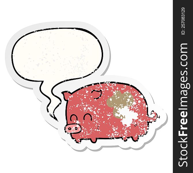 Cute Cartoon Pig And Speech Bubble Distressed Sticker