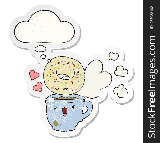 Cute Cartoon Donut And Coffee And Thought Bubble As A Distressed Worn Sticker