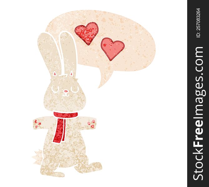 cartoon rabbit in love and speech bubble in retro textured style