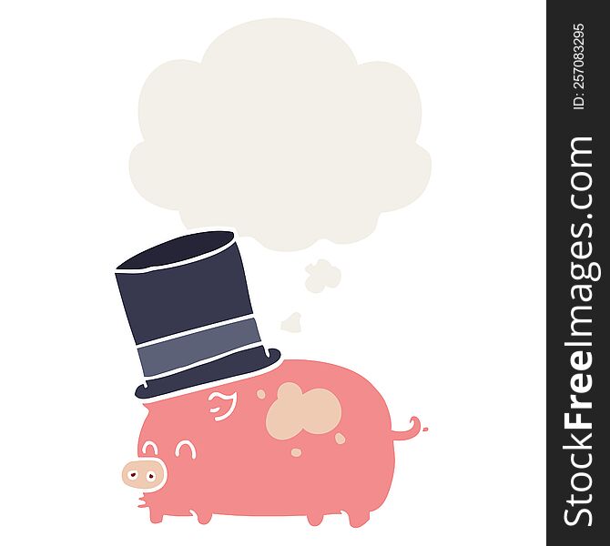 cartoon pig wearing top hat with thought bubble in retro style