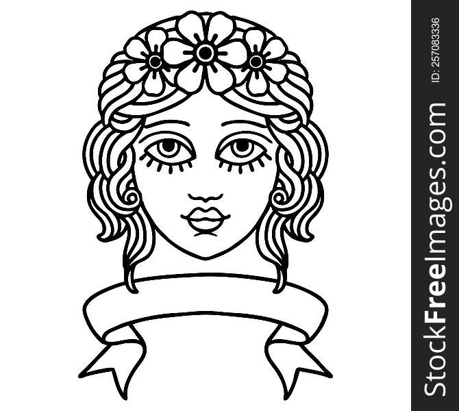 Black Linework Tattoo With Banner Of Female Face With Crown Of Flowers