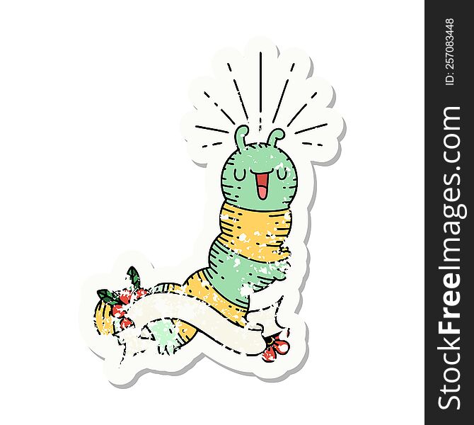 worn old sticker of a tattoo style happy caterpillar. worn old sticker of a tattoo style happy caterpillar