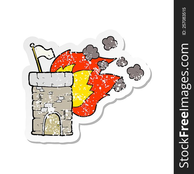 retro distressed sticker of a cartoon burning castle tower