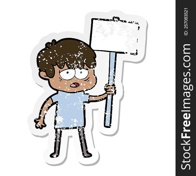 distressed sticker of a cartoon exhausted boy with placard