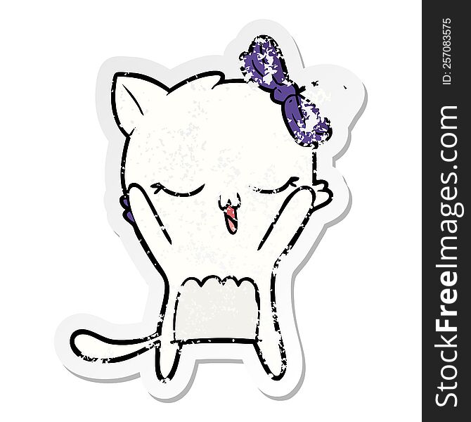 Distressed Sticker Of A Cartoon Cat With Bow On Head