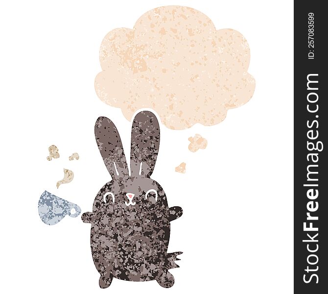 cute cartoon rabbit with coffee cup with thought bubble in grunge distressed retro textured style. cute cartoon rabbit with coffee cup with thought bubble in grunge distressed retro textured style