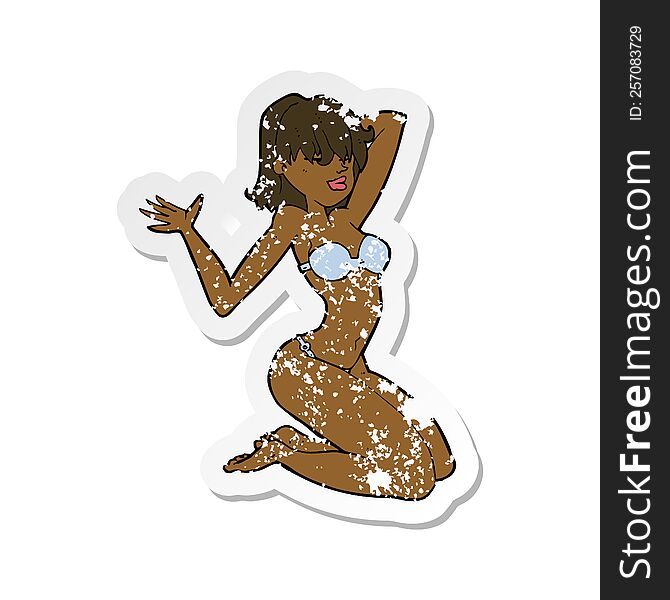 retro distressed sticker of a cartoon sexy bikini girl