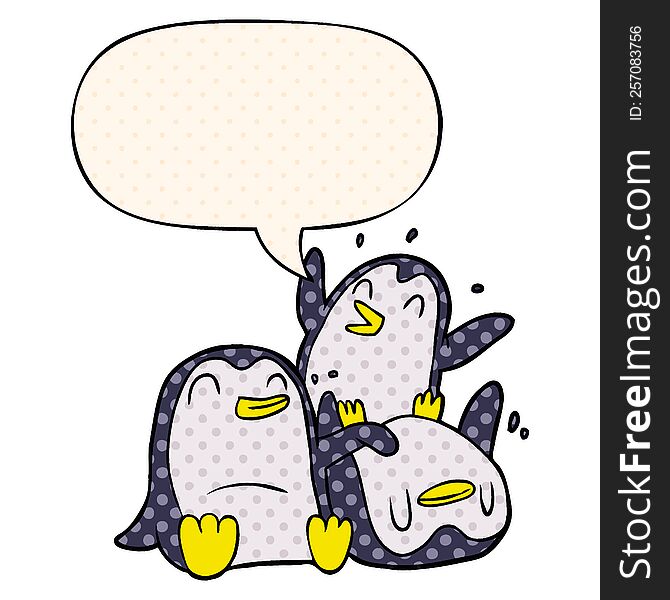 cartoon happy penguins and speech bubble in comic book style