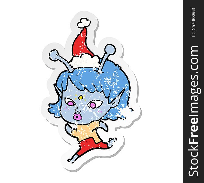 pretty hand drawn distressed sticker cartoon of a alien girl running wearing santa hat