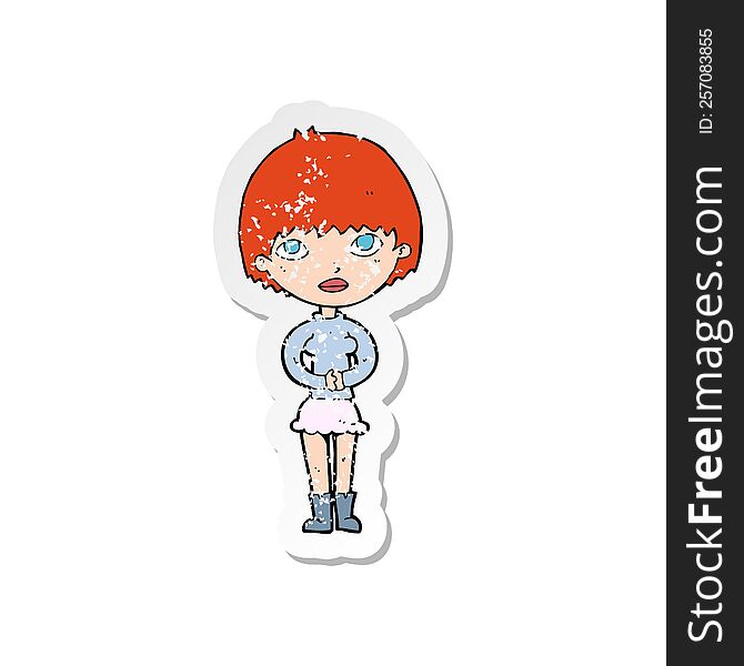 retro distressed sticker of a cartoon woman waiting patiently