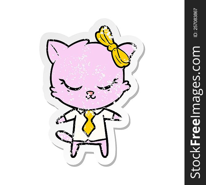 Distressed Sticker Of A Cute Cartoon Business Cat With Bow
