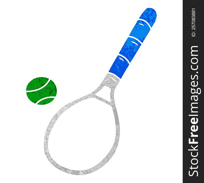 hand drawn retro cartoon doodle tennis racket and ball