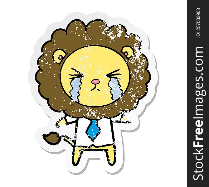 distressed sticker of a cartoon crying lion wearing shirt and tie