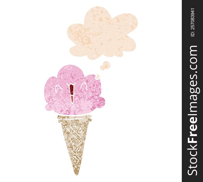 Cartoon Ice Cream With Face And Thought Bubble In Retro Textured Style