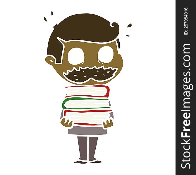 flat color style cartoon man with mustache and books