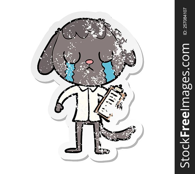 Distressed Sticker Of A Cute Cartoon Dog Crying