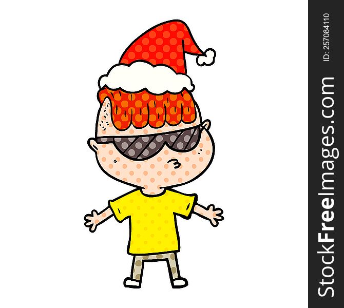 hand drawn comic book style illustration of a boy wearing sunglasses wearing santa hat