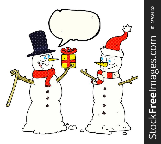 freehand drawn comic book speech bubble cartoon snowmen exchanging gifts